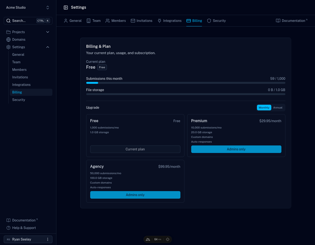 The Billing page in a team's settings, showing the current plan, monthly submission and storage usage, and available upgrades