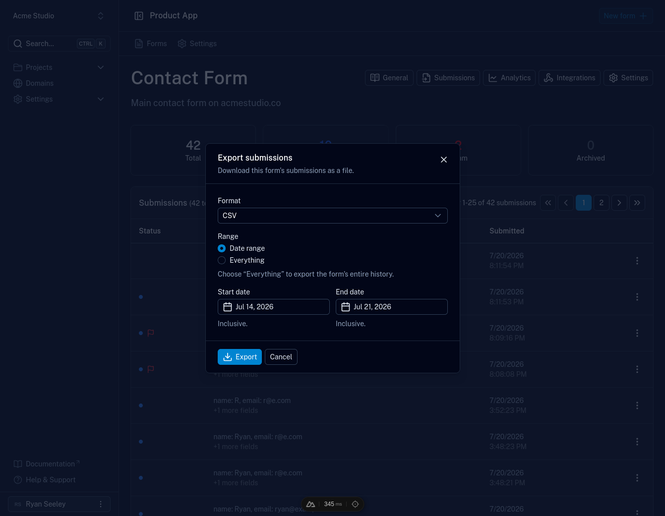 The export submissions dialog in Formiary, with a format selector and a choice between a date range and the form's entire history