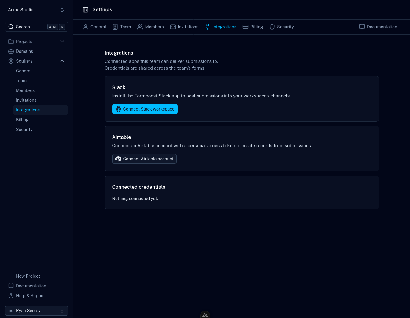 The Integrations page in a team's settings, with buttons to connect a Slack workspace or an Airtable account