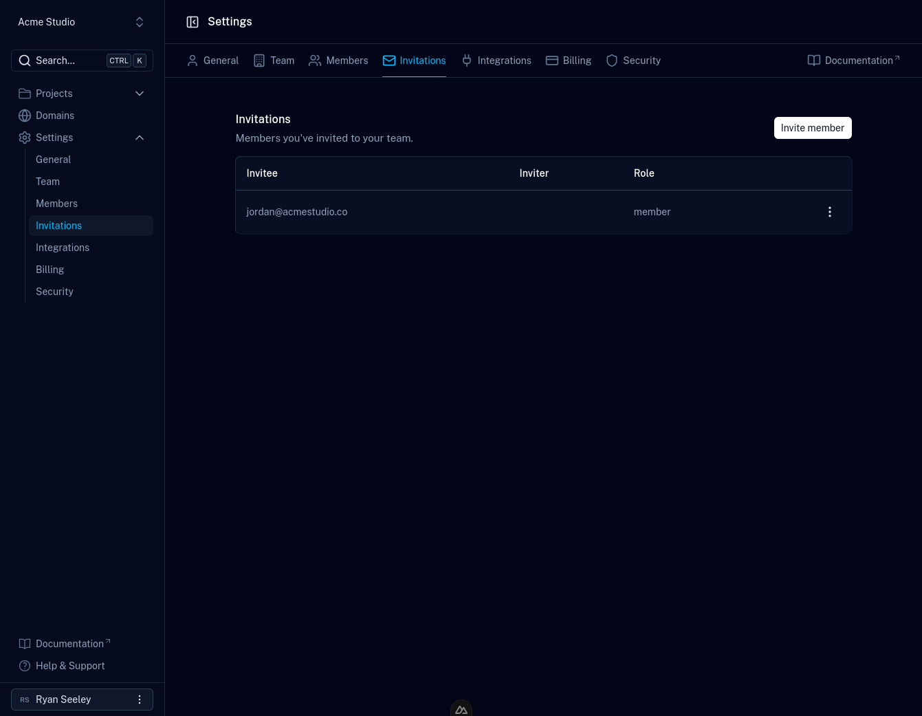 The Invitations page in a team's settings, showing a pending invitation with its invitee and role