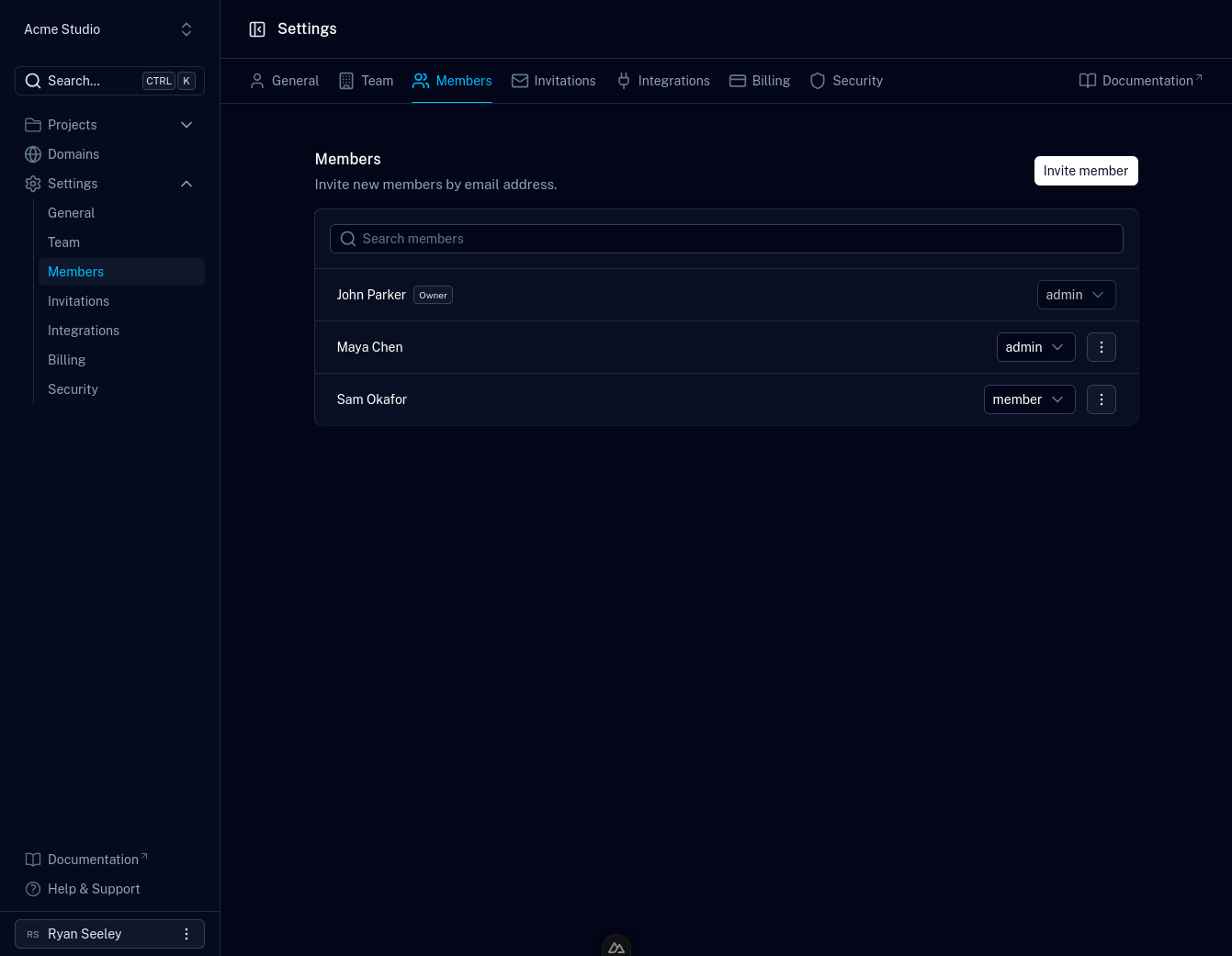 The Members page in a team's settings, listing members with their roles