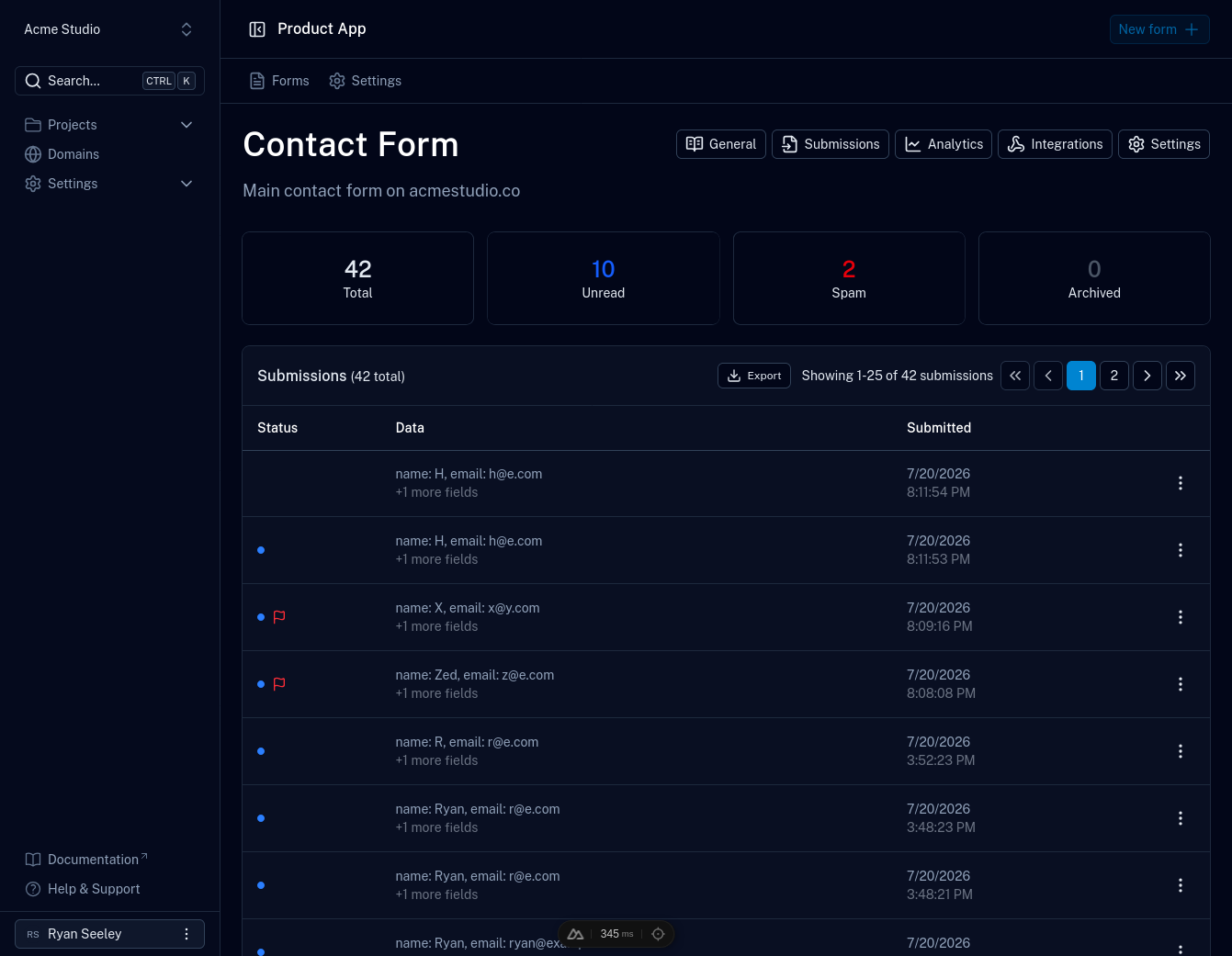 The Submissions tab for a form in Formiary, with counts for total, unread, spam, and archived submissions above the list of entries