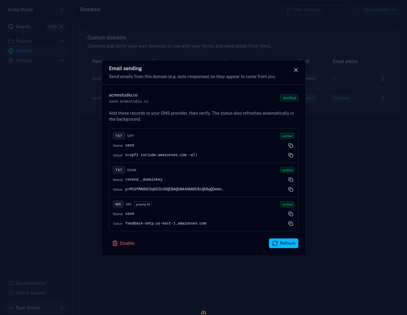 Email sending setup for a verified custom domain in Formiary, with SPF, DKIM, and MX records all verified