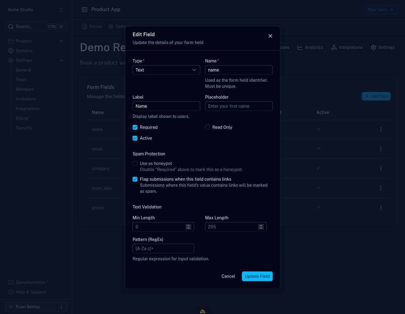 Editing a form field in Formiary, with spam protection options and text validation rules