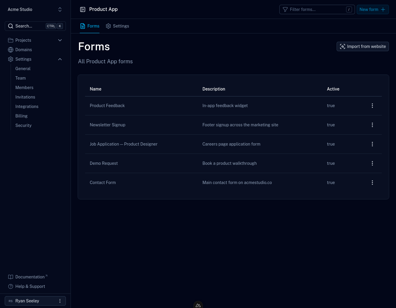 A project's forms in Formiary — contact, newsletter, careers, and demo request forms, all active