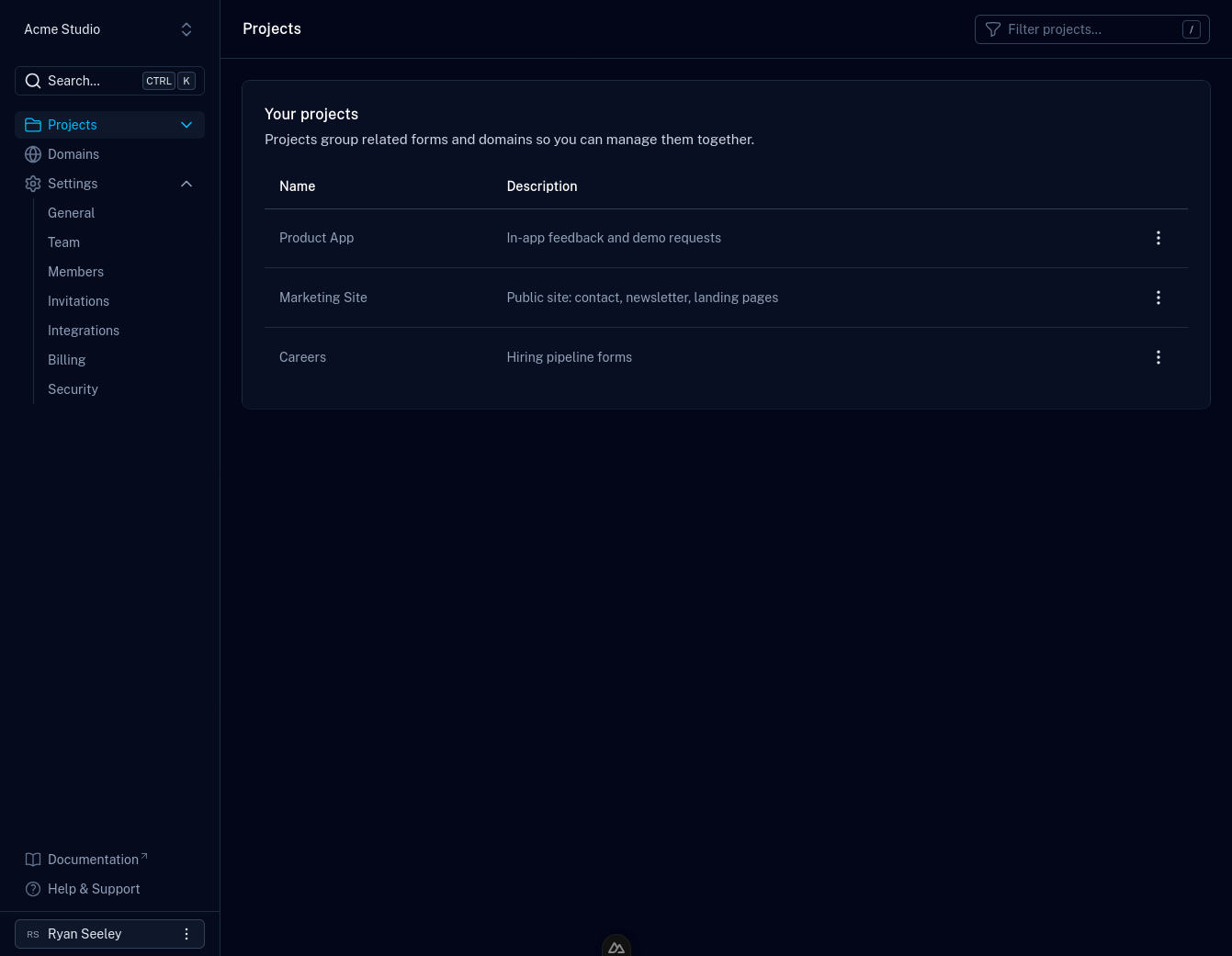 The Projects page in Formiary, with one project per client site